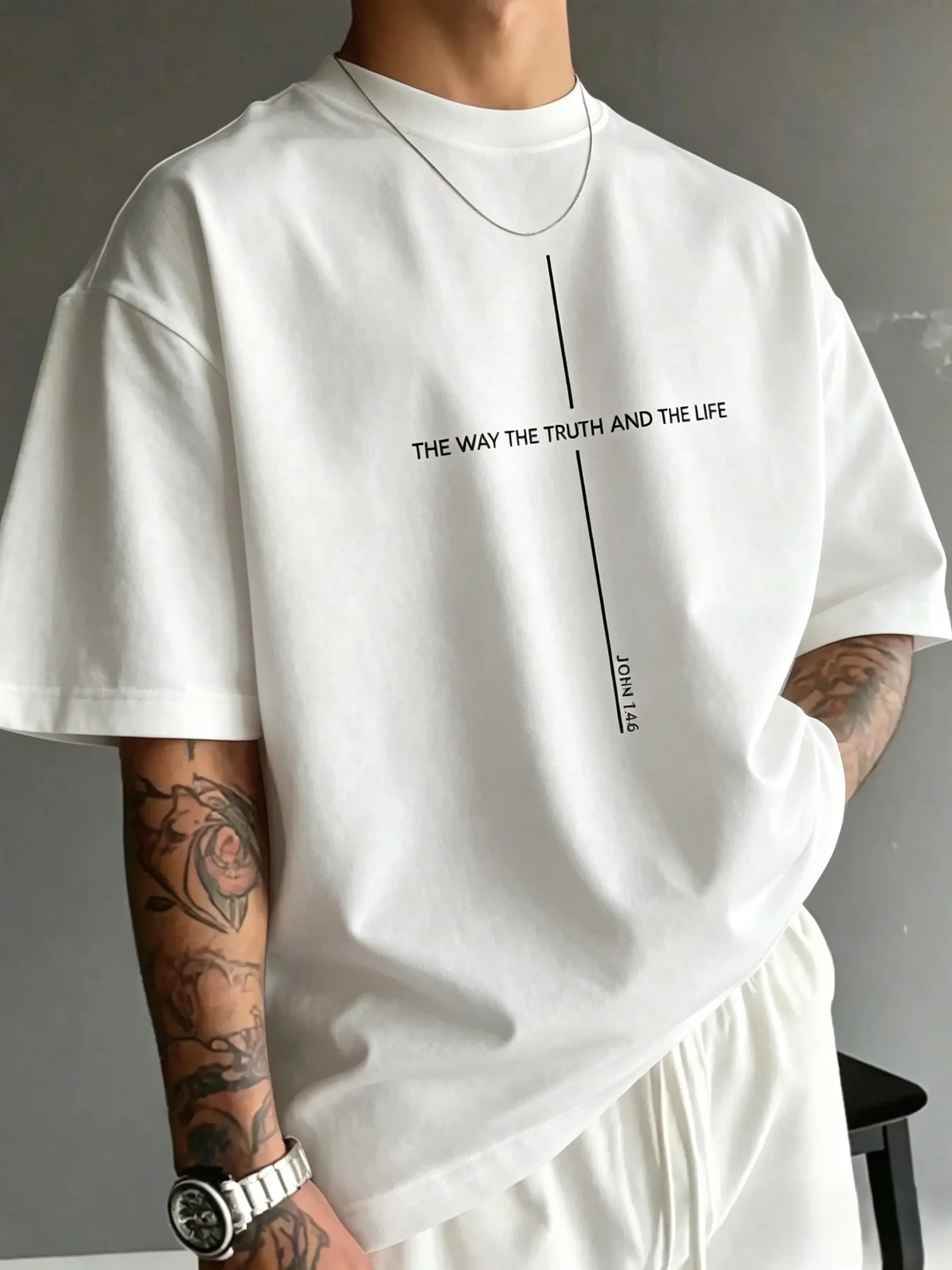 Unisex The Way The Truth And The Life Letter Graphic T Shirt Men Women Minimalist Vertical Line Text Print Oversized Crew Neck Short Sleeve Tee Casual Streetwear Cotton Top