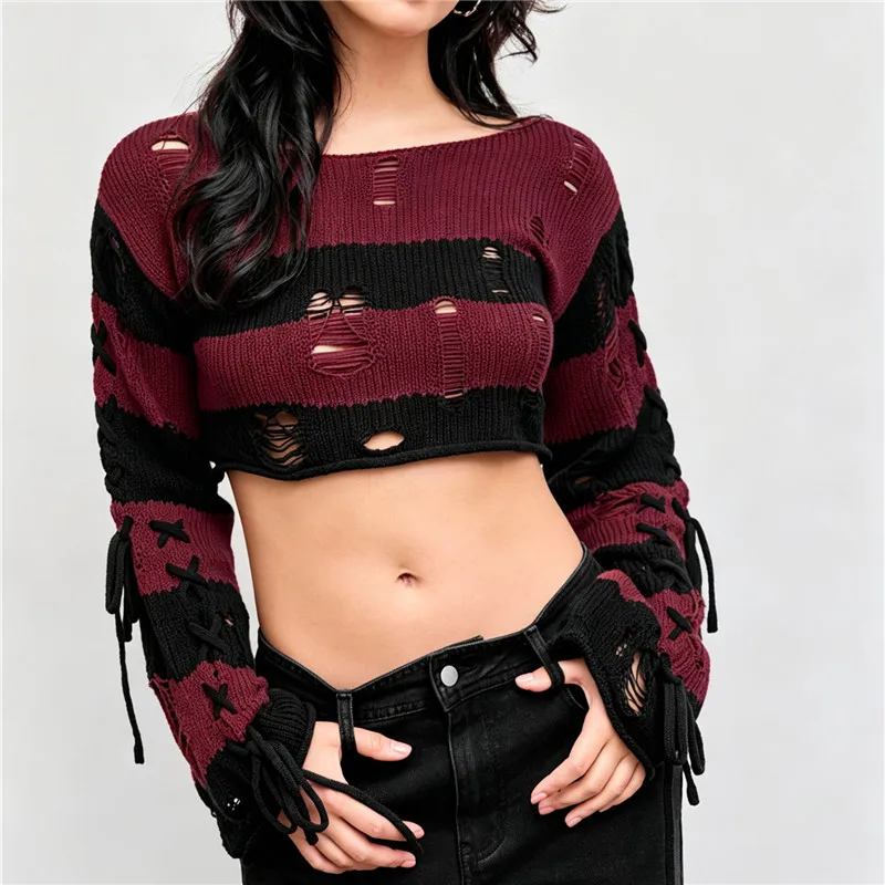 Long Sleeve Side Lace Up Tie Cut Out Cropped Pullover Y2K Punk Halloween Top Women Striped Distressed Hole Knit Crop Sweater