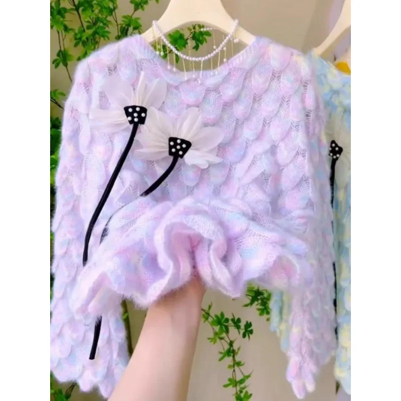 Lazy Gradient Knitwear Women Autumn Spring New Loose Trend 3D Floral O-Neck Pullover Sweater As Outerwear Y2k Clothes Sweaters
