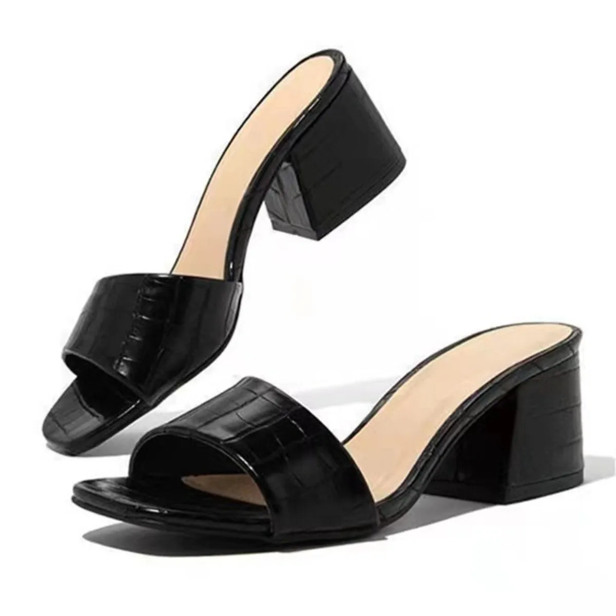 Damen Mode Pumps Pantoffeln Quadratische Spitze Damen-Slides Sommer Neue Damensandalen Hohe Absätze Indoor Zapato Mujer