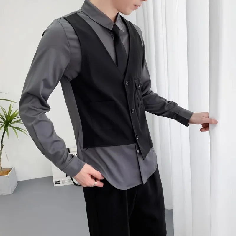 Camisa de dos chalecos falsos de manga larga para hombre sin corbata, camisas de vestir ajustadas con botones para negocios a la moda, ropa de calle de talla grande