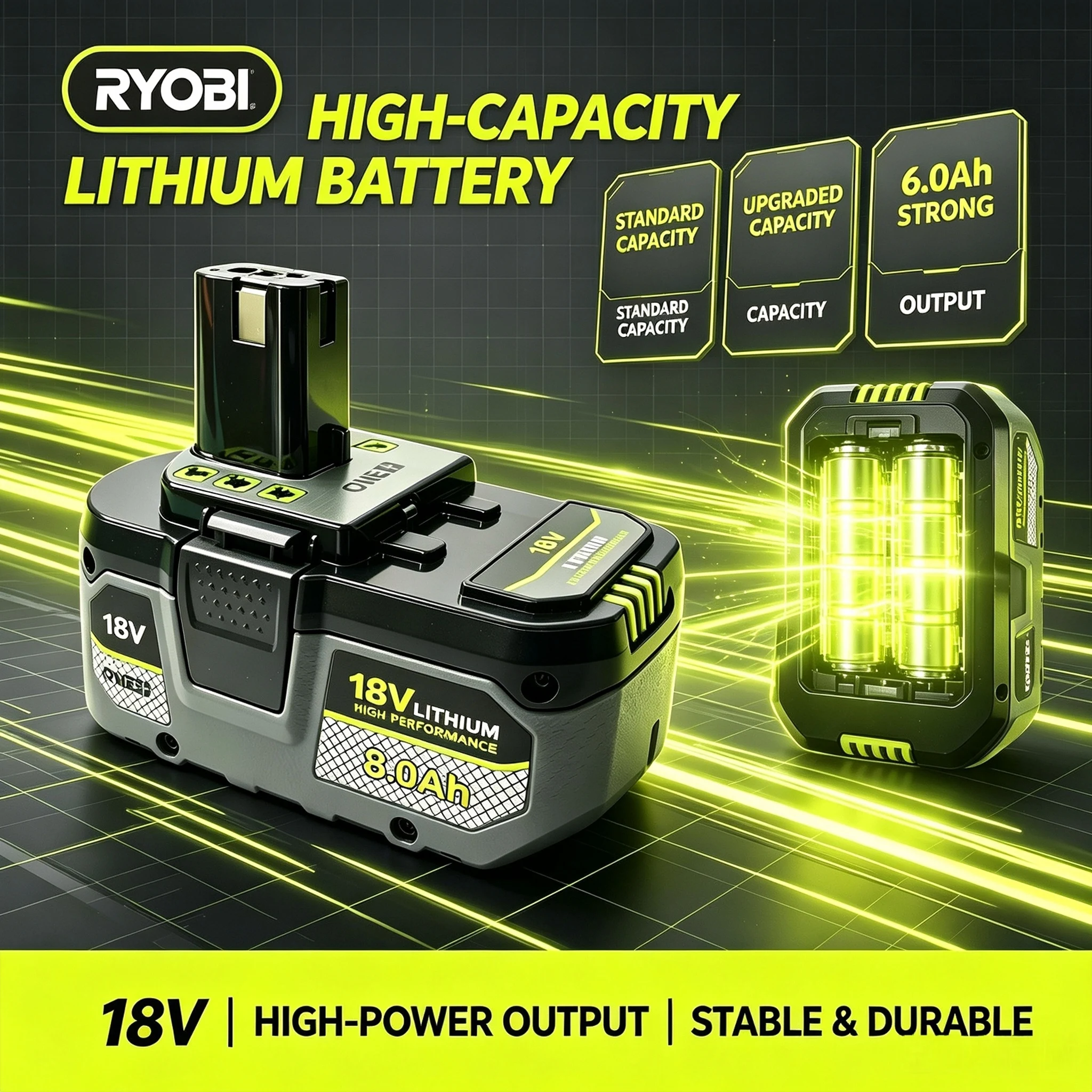 18V 6.0Ah Li‑ion Battery Pack for RYOBI ONE+ System LED Charge Indicator Compatible P102 P104 P107 P108 Cordless Power Equipment