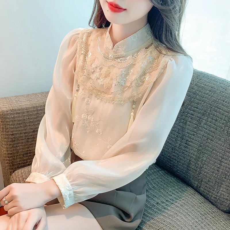 

Женская шифоновая блузка с вышивкой и длинным рукавом, модный дизайн, весенне-осенний топ, премиум-класс, кружевная, для офиса