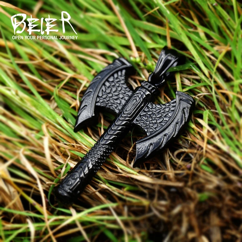 Beier New Store 316L Stainless Steel Viking Axe Pendant Odin Hammer Double-sided Axe Pagan Best Gift Dropshipping LLBP8-406P