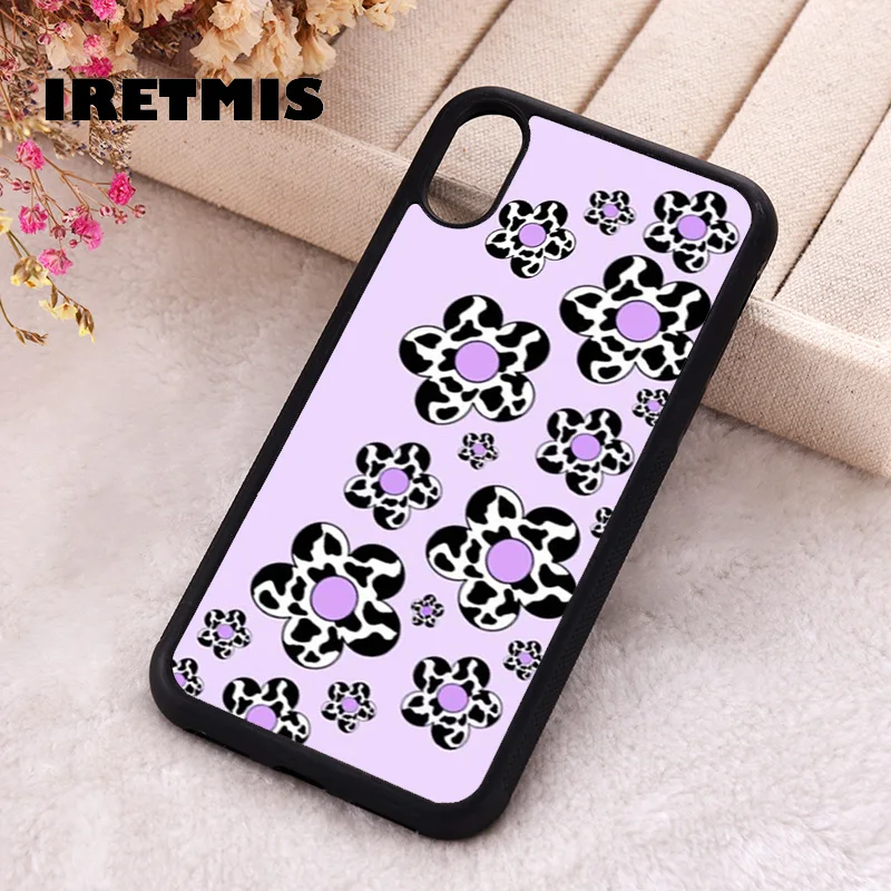 Iretmis Phone Cover Case For iPhone X XS Max XR 11 12 13 PRO MINI 14 15 16 Plus Rubber Silicone TPU Flower cow lilac