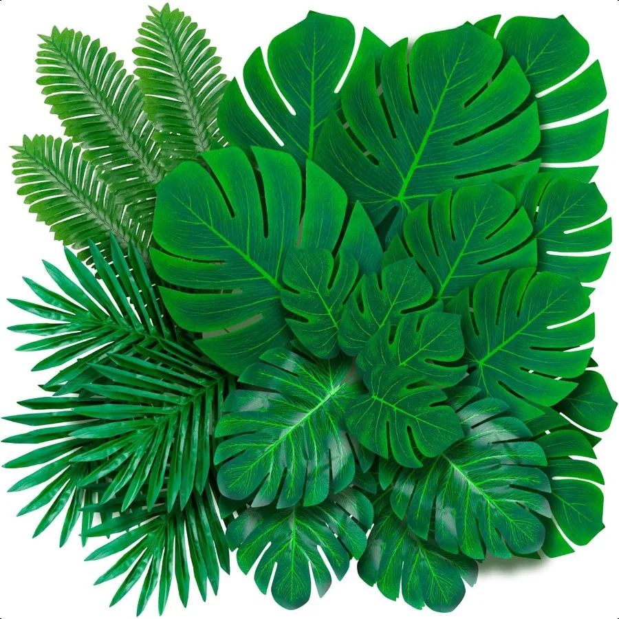 

Artificial Palm Leaves 60108 Pack 6 Kinds Large Small Green Fake Palm Leaf with Stems for Safari Jungle Hawaiian Party Table D