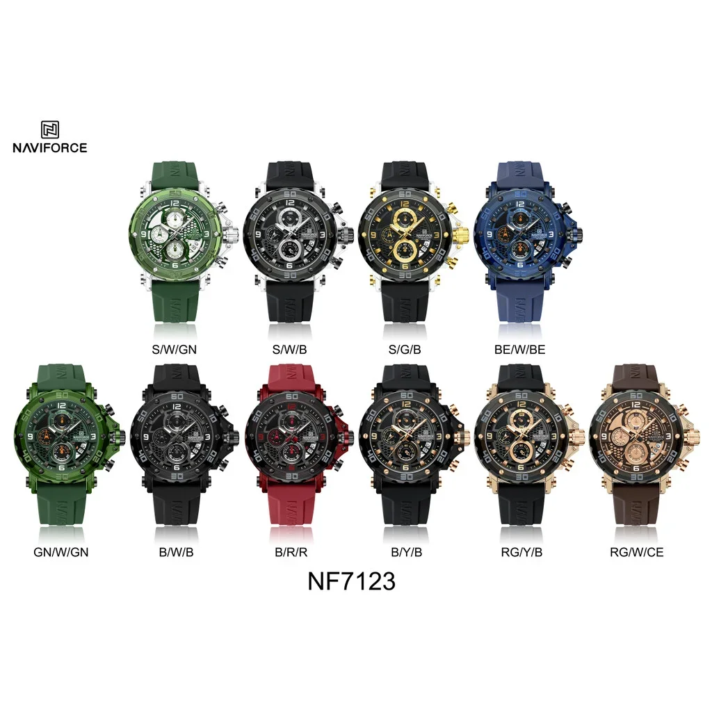 NAVIFORCE NF7123 ساعة عسكرية فاخرة للرجال كرونوغراف كوارتز مضيئة رياضية مقاومة للماء
