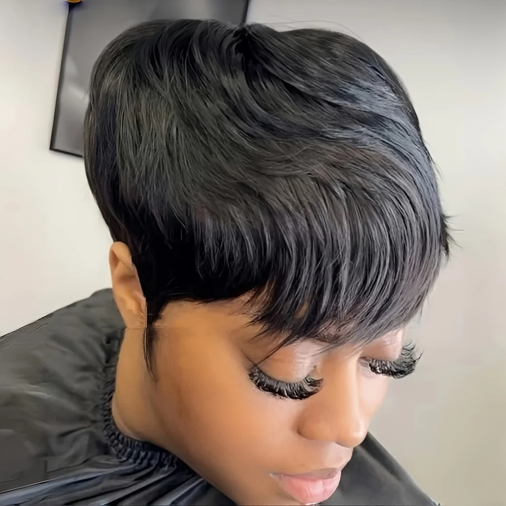 machine made pixie human hair wig for women straight short pixie remy wig 6inch 4/99J/natural black color 150% density image 3