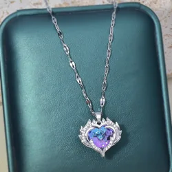 Charm Colorful Crystal Heart of The Sea Pendant Necklace for Women Exquisite Stainless Steel Zircon Chokers Bride Jewelry Gift