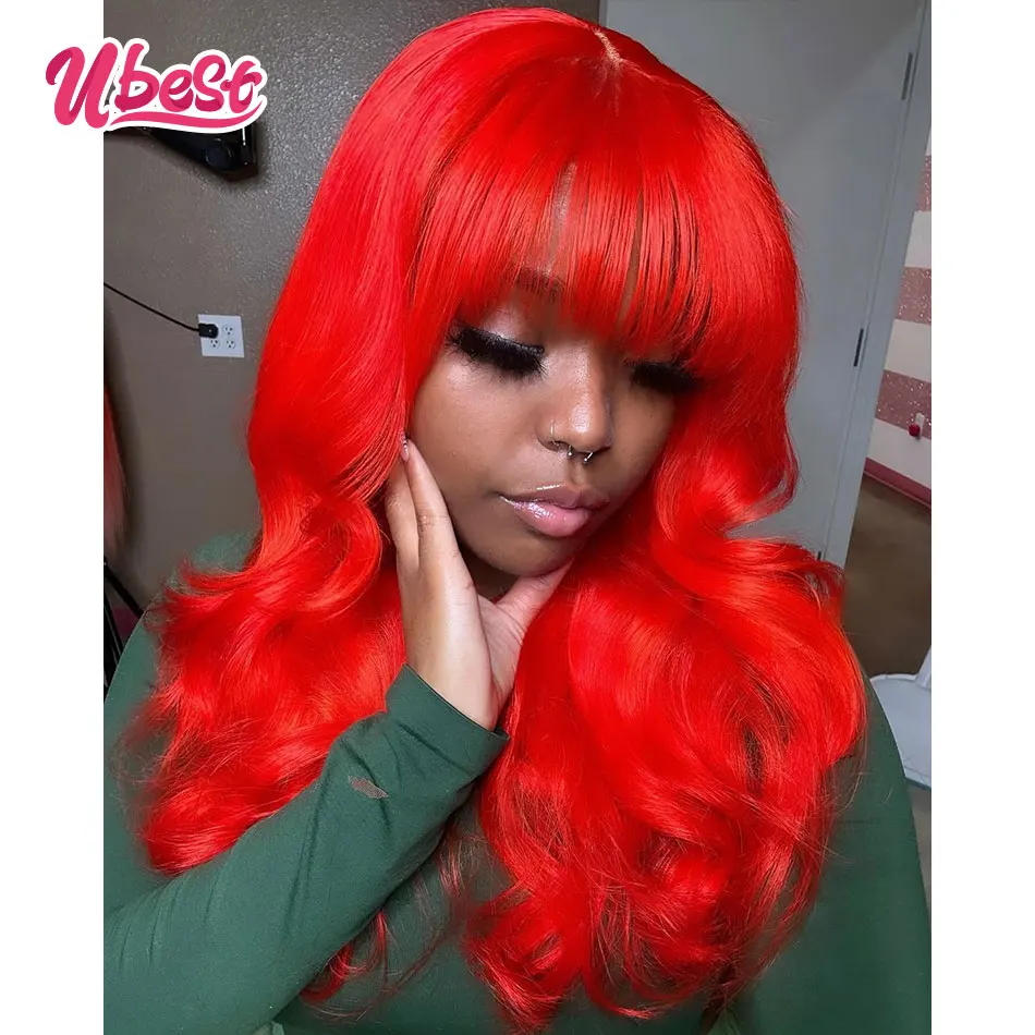 Red 613 Colored 13X6 Bangs Body Wave Transparent Lace Front Wigs 100% Human Hair 180% Density Brazilian Hair Remy Hair Wigs