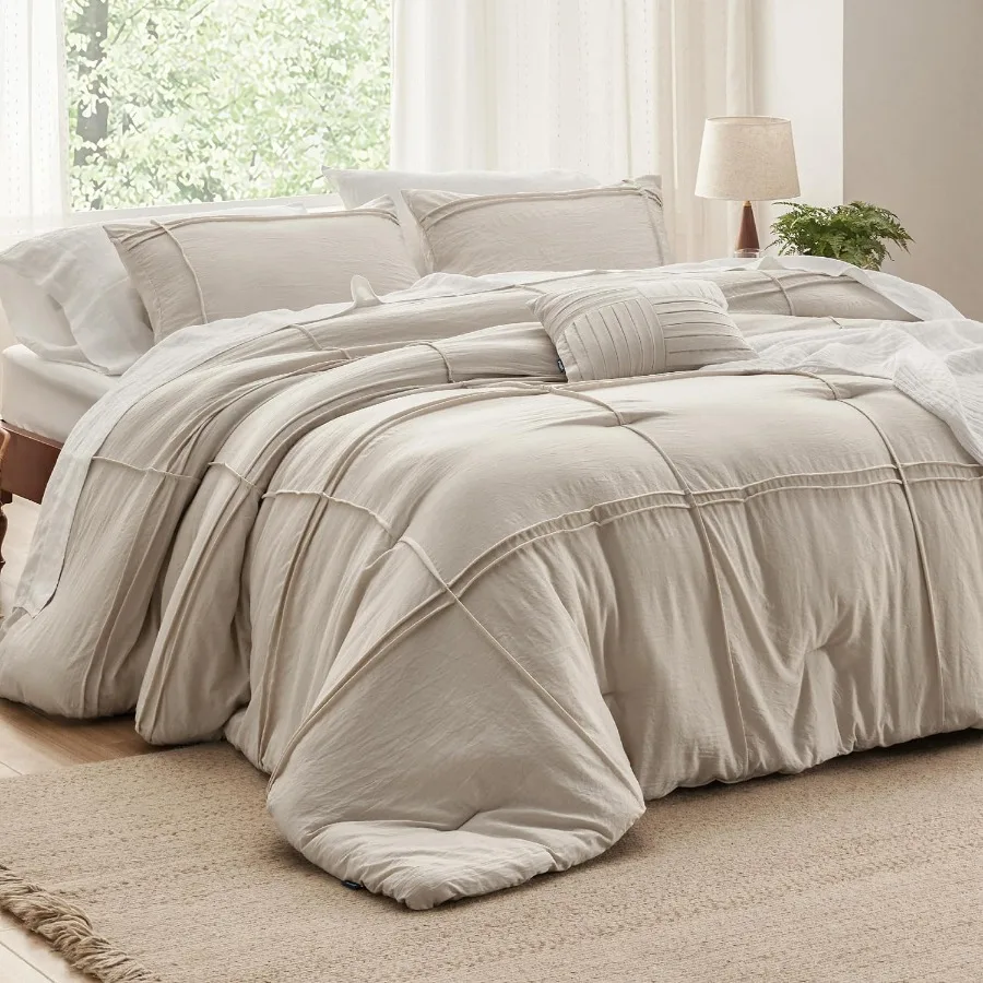

King Comforter Set - 4 Pieces Grid Pleat Bed Set Beige Boho Bedding for All Season 1 Soft Comforter 2 Pillowcases 1 Decorative