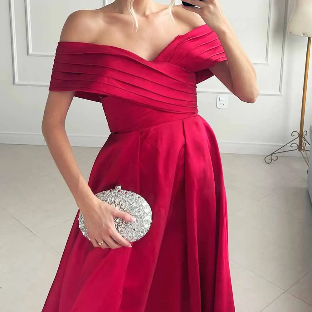 Catasdate A Line Sukienka wieczorowa Off Shoulder Sukienka dla gościa weselnego Plisy Sukienka na formalną okazję dla kobiet Dostosowane