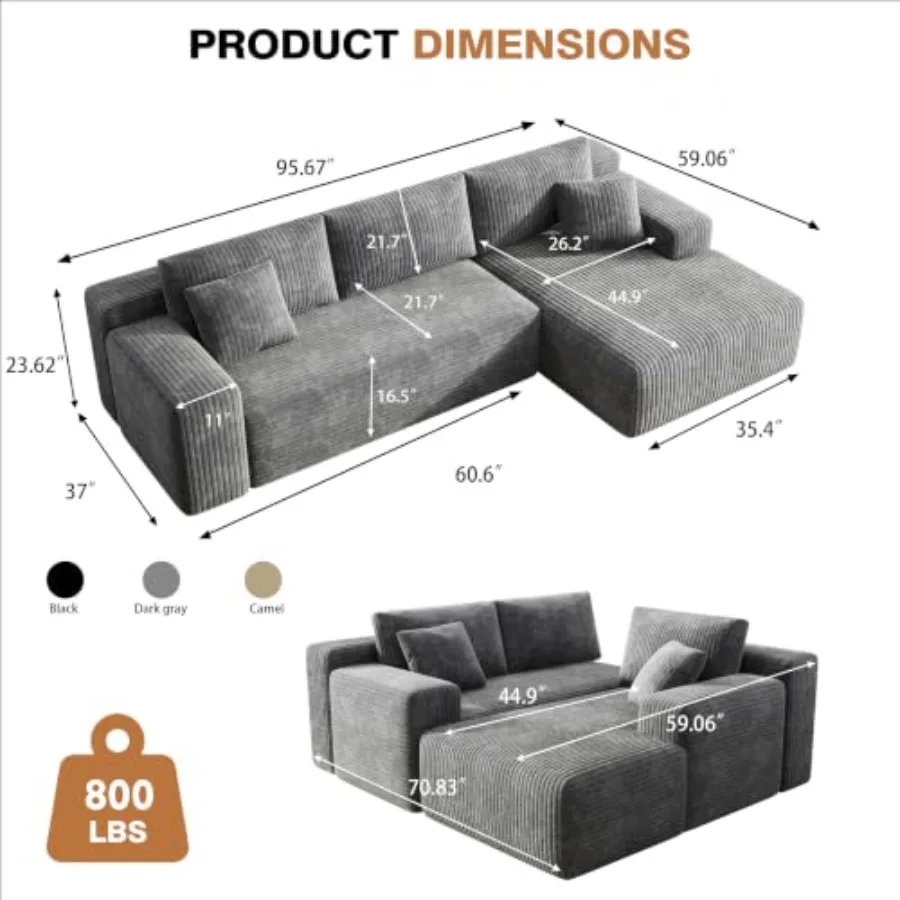96'' L-Cloud Sectional Boneless Couches for Living Room, Corduroy Fabric Modular Sectional Sofa with Chaise, Cloud-Couch Deep S