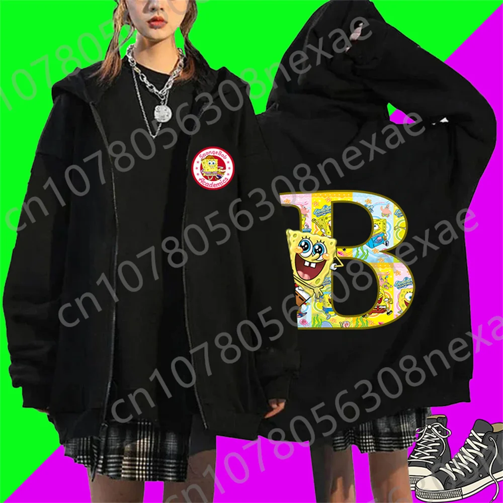 Spongebob 26 English Letters, Black Zipper Hoodie, Zipper Coat, Harajuku Pattern, Printed Adult Children's Coat, Sports Coat Top