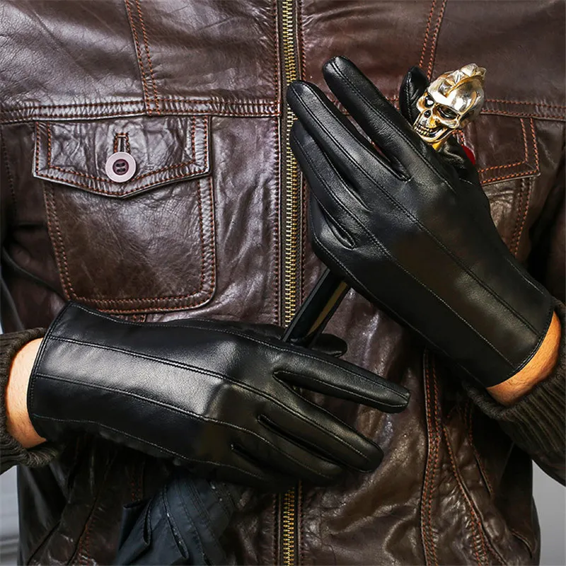 الخريف الشتاء قفازات جلدية حقيقية الرجال زائد المخملية رشاقته موضة الأسود الحراري جلد الخراف القيادة قفازات الذكور XC-109-2