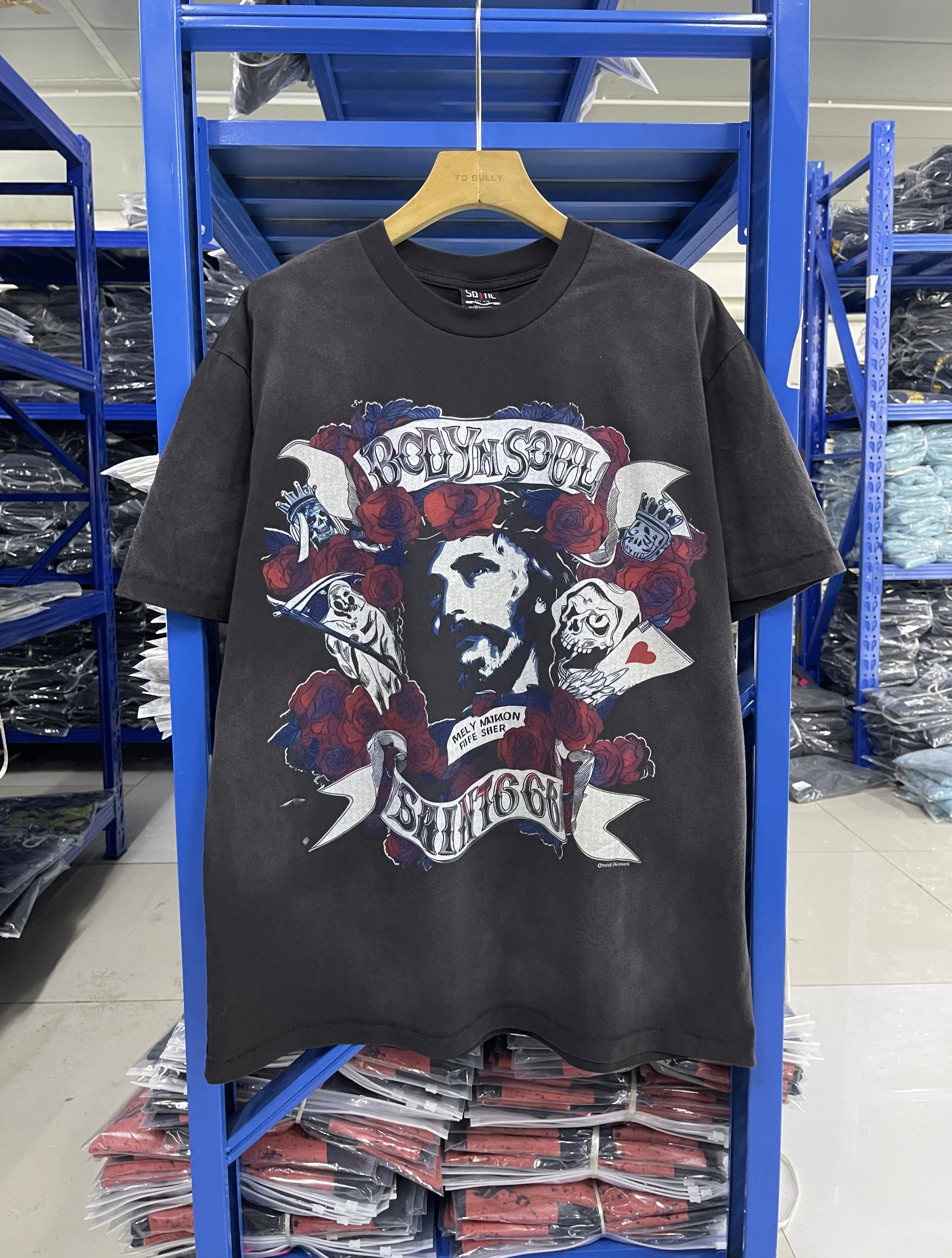 

25SS летняя мужская винтажная футболка с коротким рукавом и круглым вырезом с цветочным принтом Saint Rose, высококачественные топы большого размера, тяжелая одежда