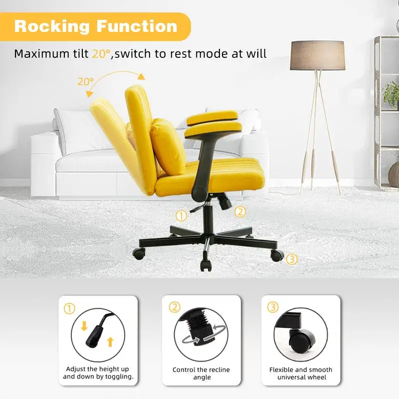Ergonomic Yellow Linen Criss Cross Armrest Office Chair with Wheels for Home, Work & Study
