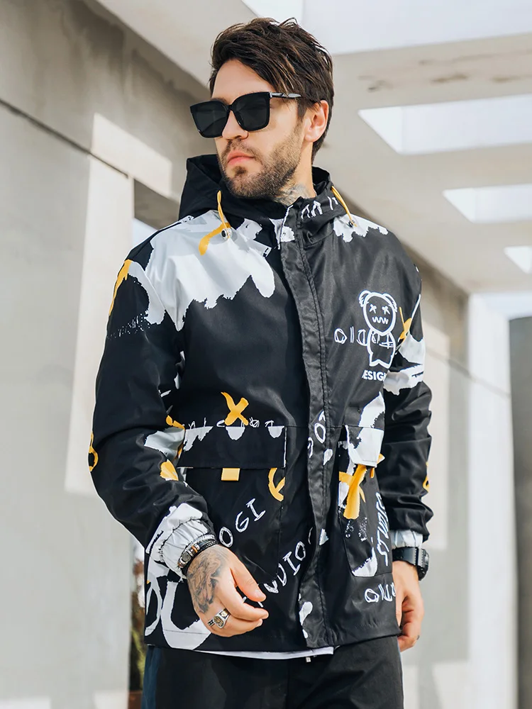 Spring Autumn Two Side Wear Hooded Windbreaker Men\'s Jacket Streetwear Fashion Bear Printed Hip Hop Outfits Coat Big Size 8XL