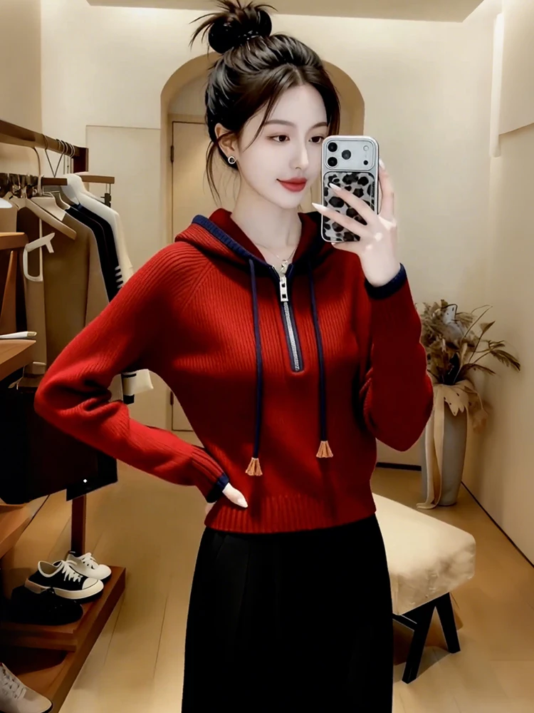 

Slimming Knitwear Women's f Zip Dstring Lazy Sle Spring Autumn Casual Wear Hooded Sweater Korean Sle Loose Fit