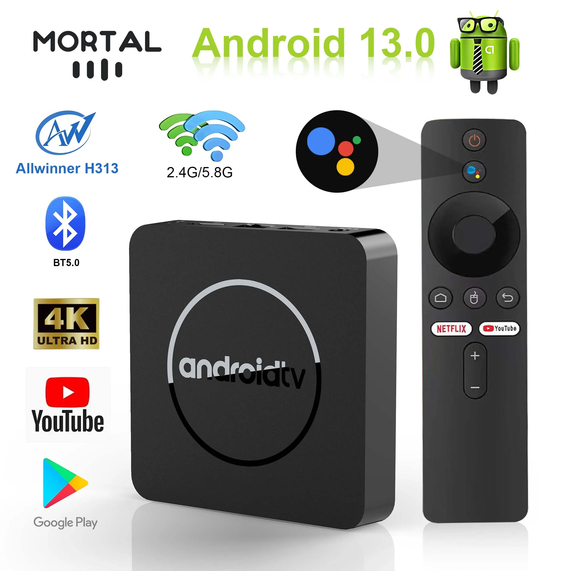 Mortal Global Version Q1 Android13 Streaming TV Box YouTube Netflix 4K AllwinnerH313 Google Assistant Dual 5G WIFI Super Offers