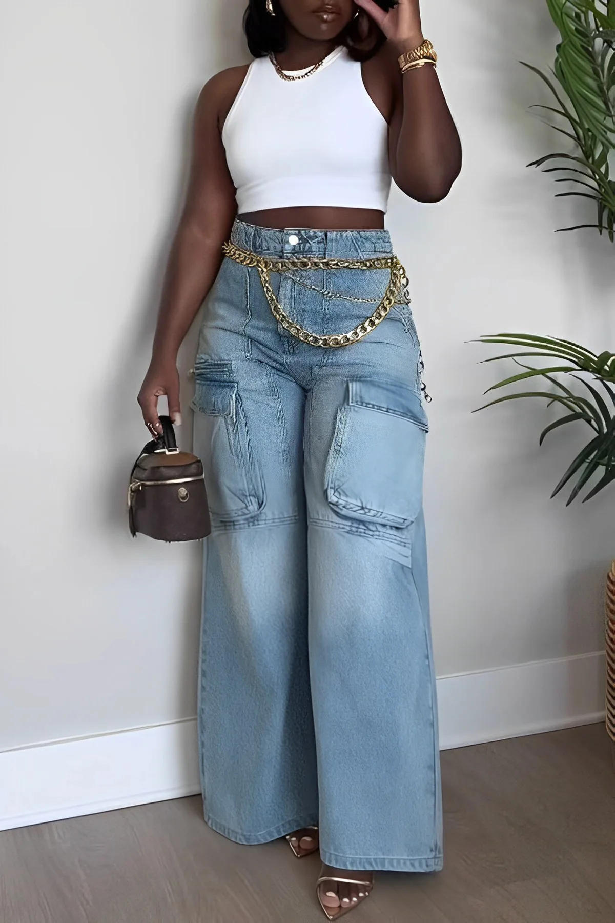 Loose Women's Jeans Spring Autumn New Style Large Pocket Workwear Long Pants Cover Flip Straight Leg Jeans