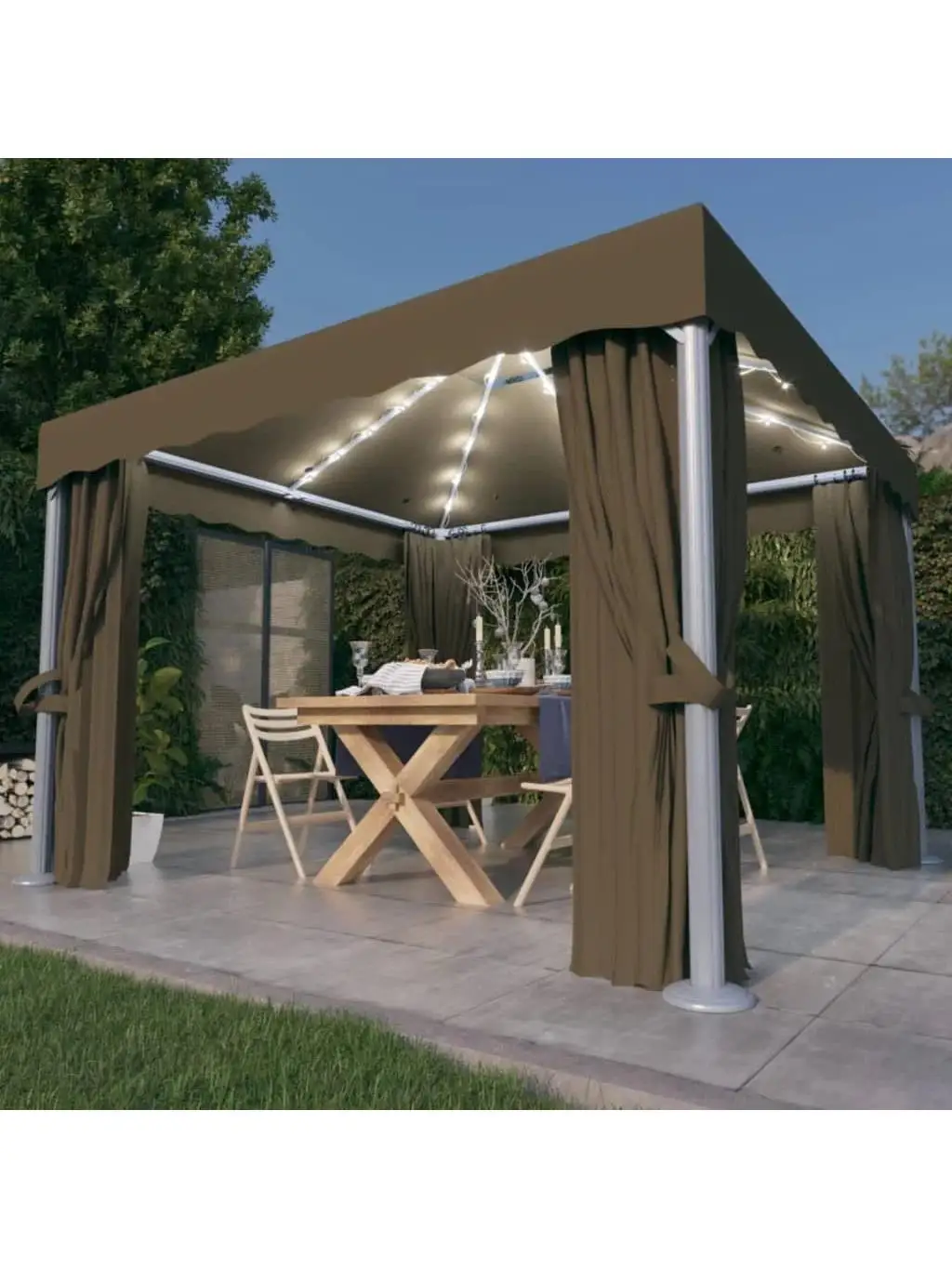 Vidaxl Gazebo With Curtain&Led String Lights 3X3 M Taupe Outdoor Products Sunshade And Rainproof Outdoor