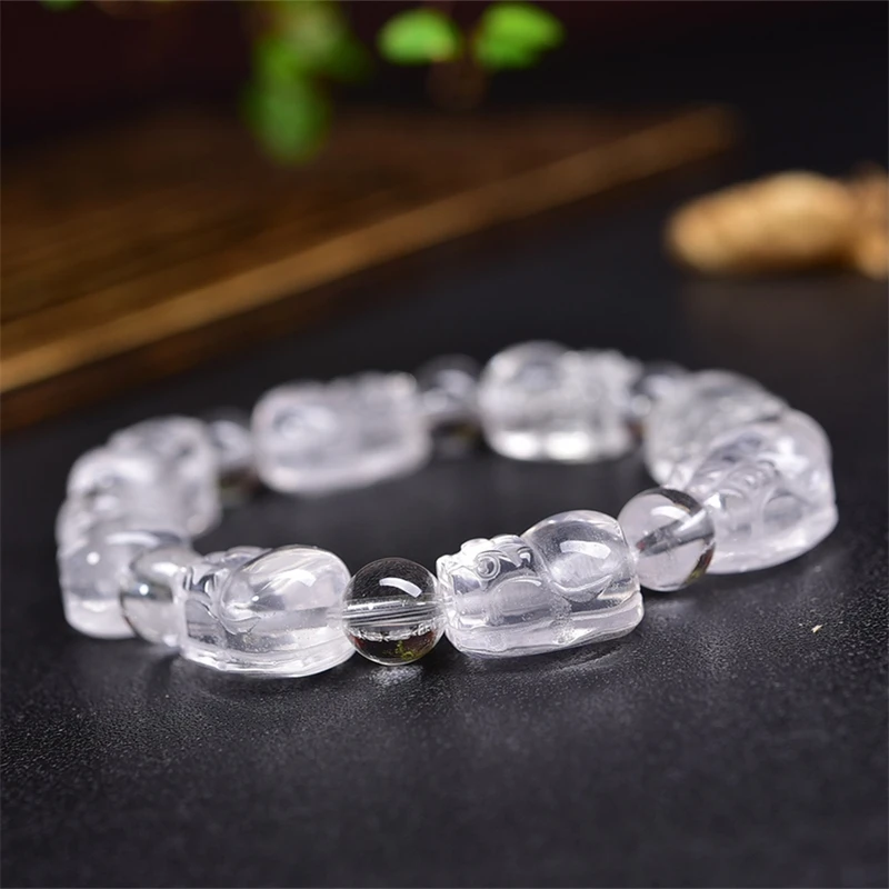 15X25MM Natural Clear Quartz Pixiu Bracelet Fashion Reiki Gemstone Round Beads Jewelry Couple Holiday Gift 1PCS