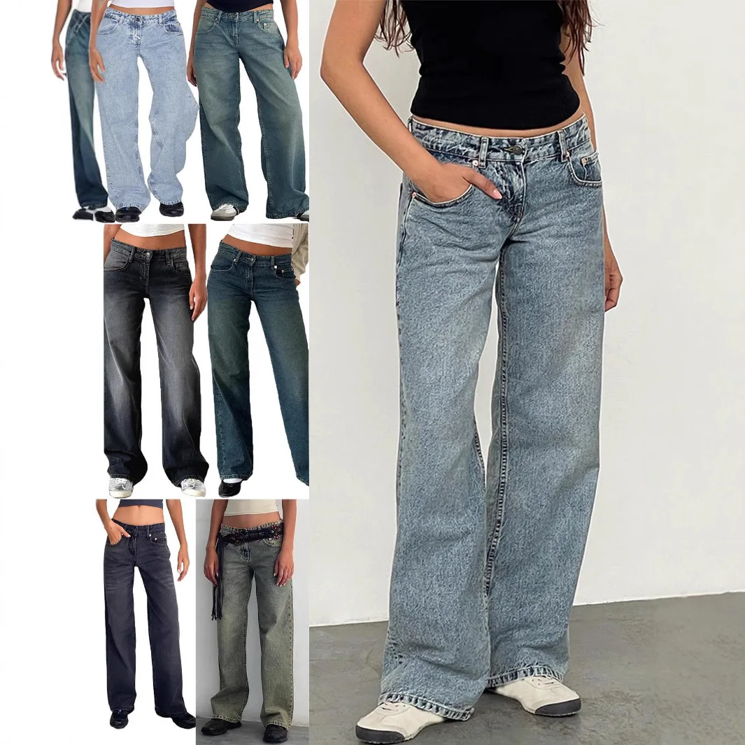 

Fashionable Loose Straight Leg Jeans Women's Spring New Style Low Waist Long Pants Denim Fabric Crumpled Texture Pure Color