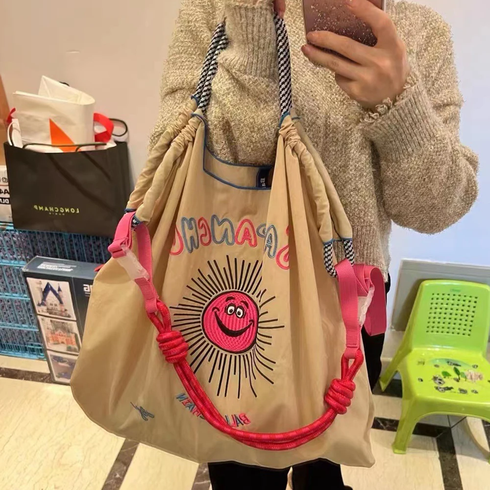 Large Nylon Tote Bag Sun Embroidery Shoulder Bags for Women Designer Eco Bag Nylon Shopper Purses and Handbags Drawstring Hobo