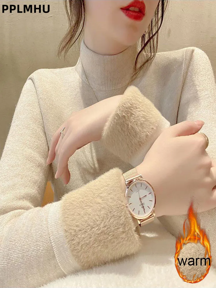 

Women's Half Turtleneck Sweater Knitted Tops Plus Velvet Thicken Warm Pullover Fashion New Slim Korean Soft Casual Jumper