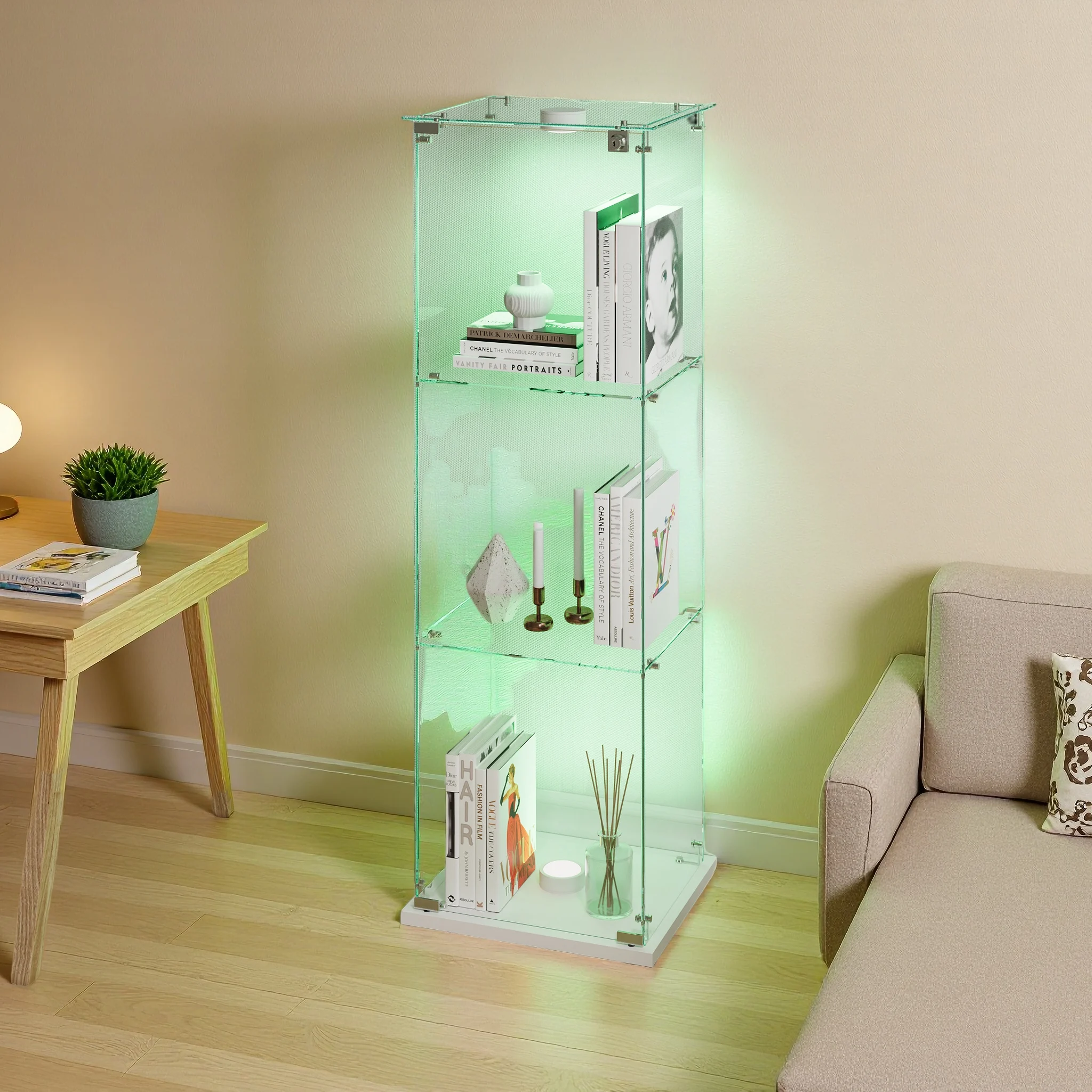Comanlai vitrine en verre, armoires de curiosité verrouillables à 3 étagères avec lumières LED intégrées, vitrine moderne pour décoration d'objets de collection