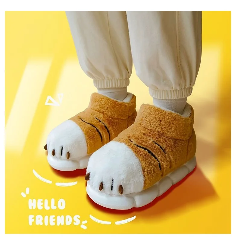High Top Slip-on 3D Stereoscopic Pantuflas Kawaii Animals Cotton Shoes for Women Winter Warm Fluffy Fur Tiger Paw Slippers view 3