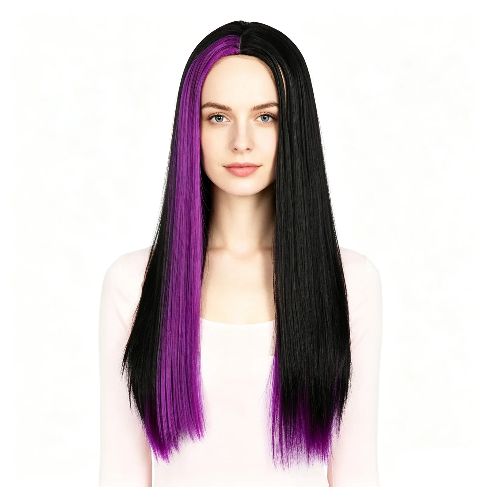 Women Long Straight Wig 24 Inch Black With Color Streak Middle Part Synthetic Wig High Temperature Fiber Cosplay Daily Hair Wigs