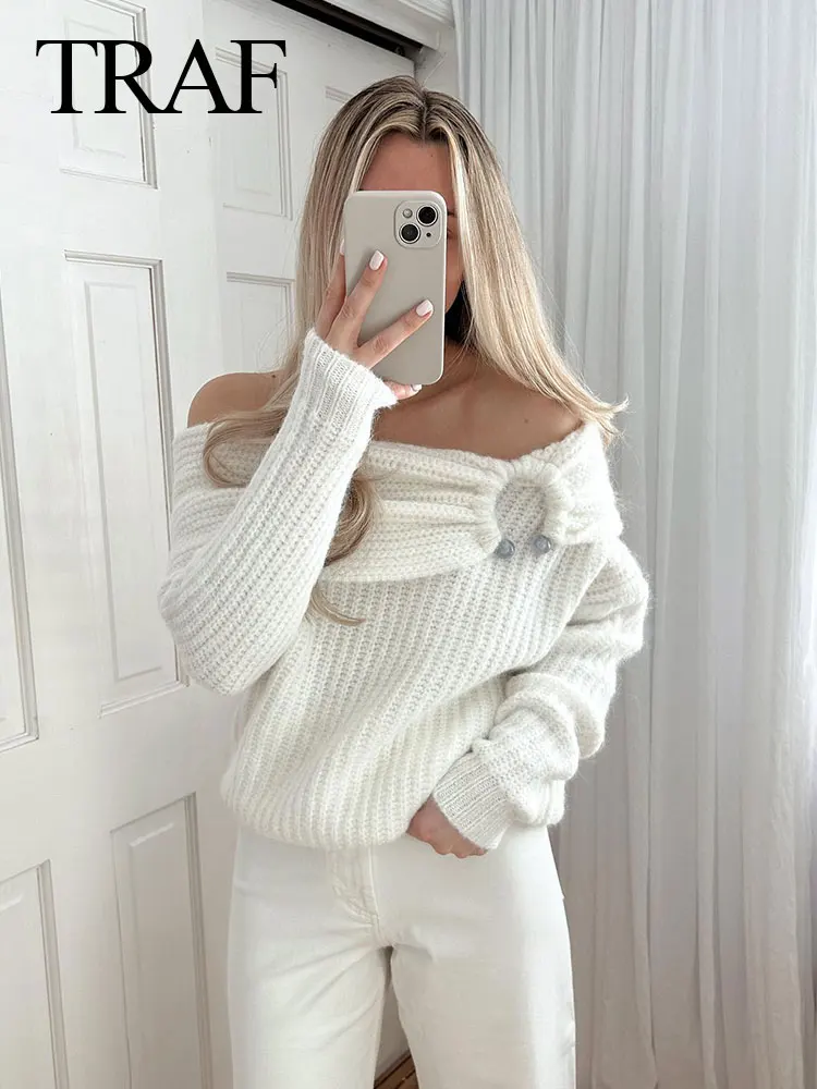 TRAF 2024 Spring Woman\'s Fashion Chic White Sweaters Slash Neck Off Shoulders Long Sleeves Pullovers Female Casual Knitted Tops