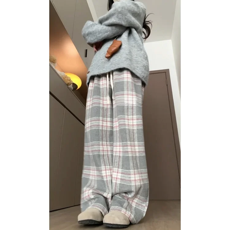 핑크색 레이지 울 체크 팬츠 여성용 가을 겨울 신상 하이웨이스트 드레이프 루즈 캐주얼 와이드 레그 팬츠 스트레이트 컷 엘라스틱...