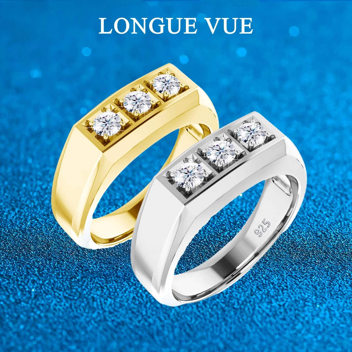 

18K Gold Plated Three Stone Moissanite Man's Rings 925 Silver Waterproof Wedding Band Jewelry Suitable for Marriage Engagement
