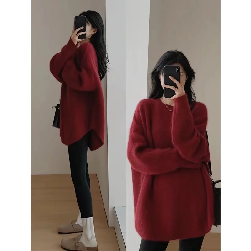 Sweater kasmir wanita, Sweater ukuran besar longgar gaya Korea panjang sedang 100% wol rajut Pullover Perancis 2024 musim gugur musim dingin