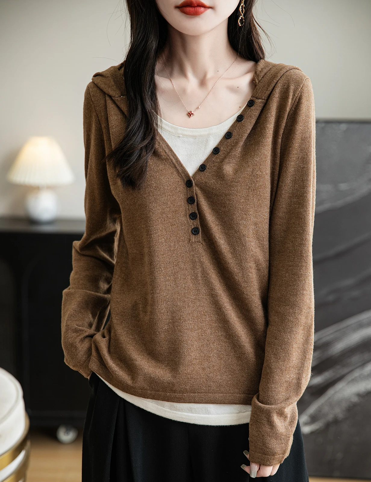 

Вязаный топ с капюшоном и воротником, пуловер для женщин, весна-осень-лето, базовый модный повседневный топ с длинными рукавами, тонкий вязаный джемпер, женская одежда