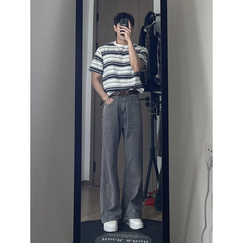 

Extended Length Straight Leg Jeans Men's High Waist Cement ey American High Street Vibe Bell Bot for Taller Men
