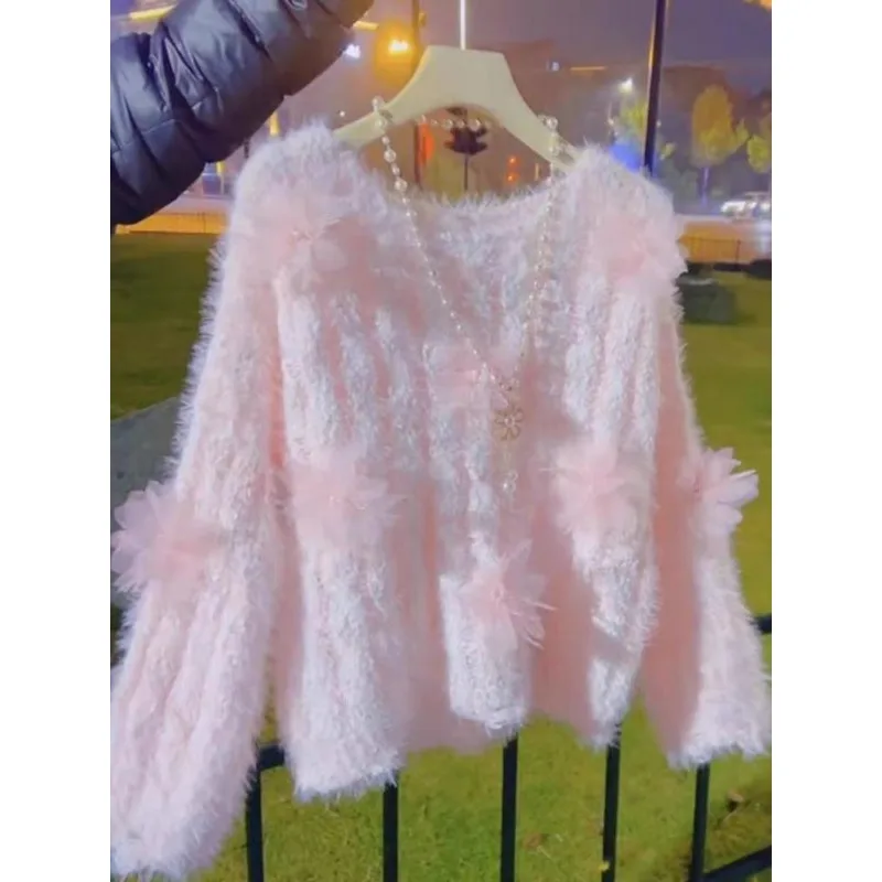 Early Spring New Beaded Bow Sweater Women's Sweet Short Gentle Style Top Trendy Pullovers