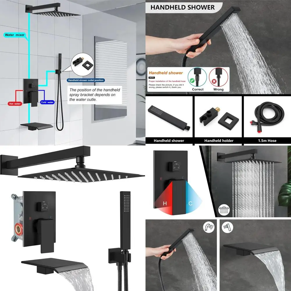 

10-дюймовая матовая черная настенная душевая система с тропическим душем и ручным распылителем