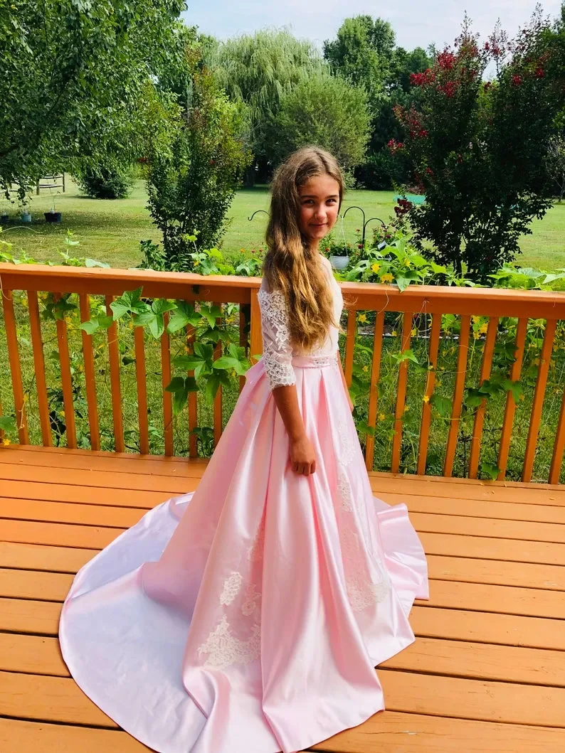 2024 moda vestido da menina de flor para vestidos de festa de casamento uma linha até o chão manga curta rendas apliques primeira comunhão vestido