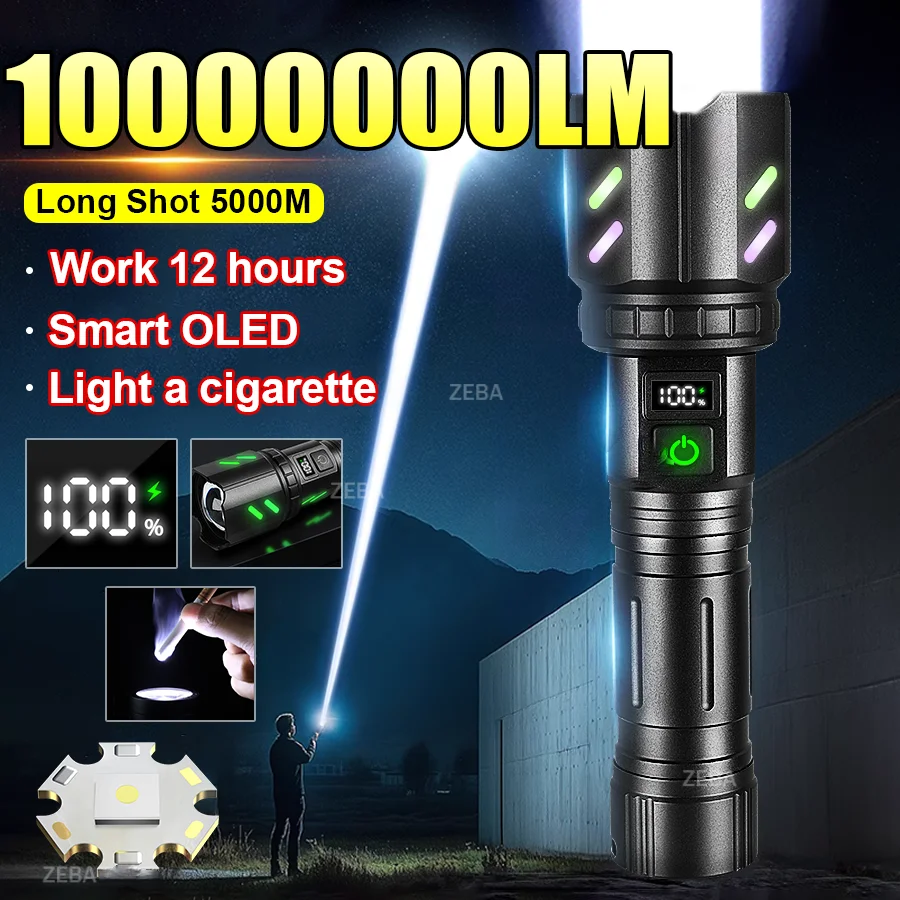 

10000000LM Ultra Bright LED Flashlights Most Powerful Tactical Torch Ignitable Portable Lamp Power Display Torch Camping Lantern