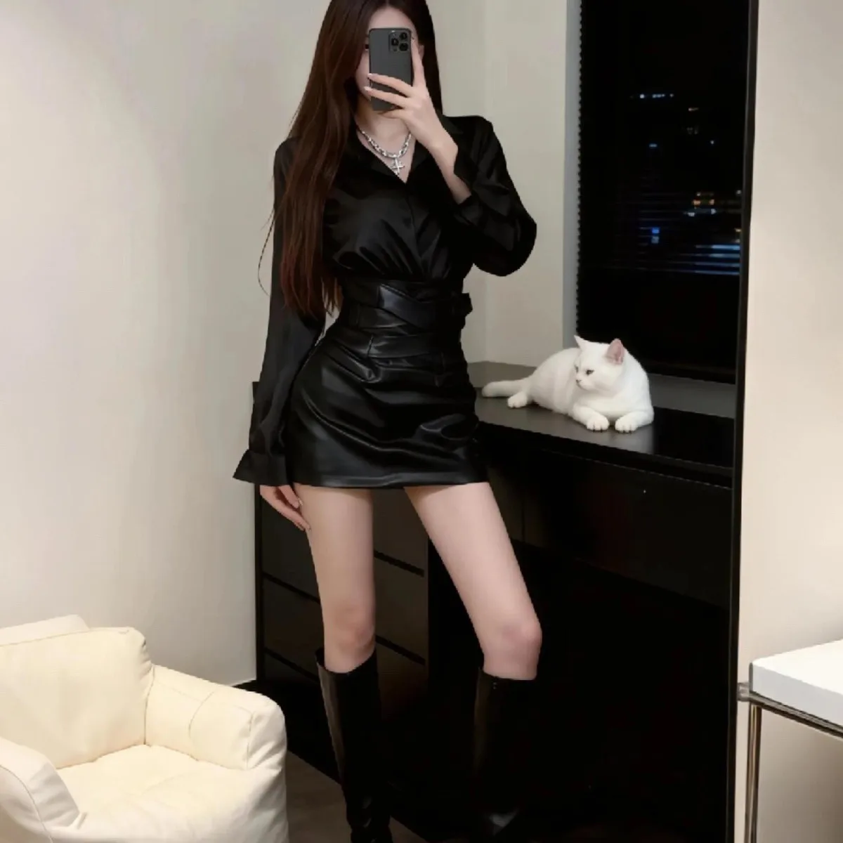 2026 Spring Summer New Two Pieces Set A-Line Skirt Women Fashion High Waist Sexy Skirt Long Sleeve Shirt Tops + Short Skirt Suit