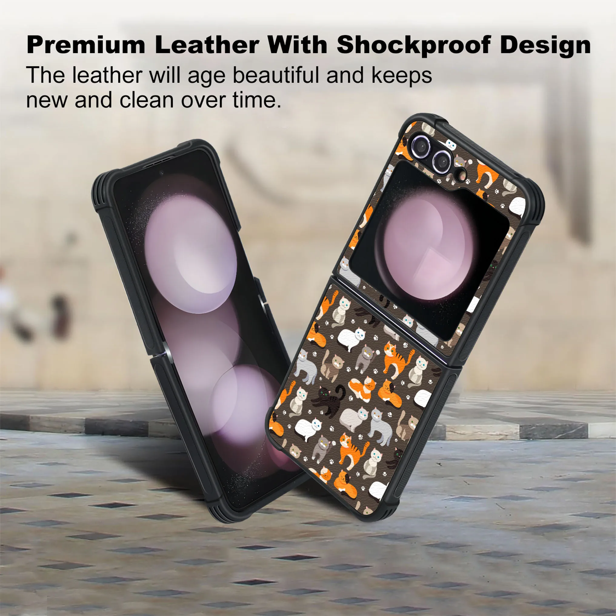 Patterned PU Leather + Soft TPU Bumper Shockproof Protective Case Cover Compatible With Galaxy Z Flip5 5G ,Adorbale Cat