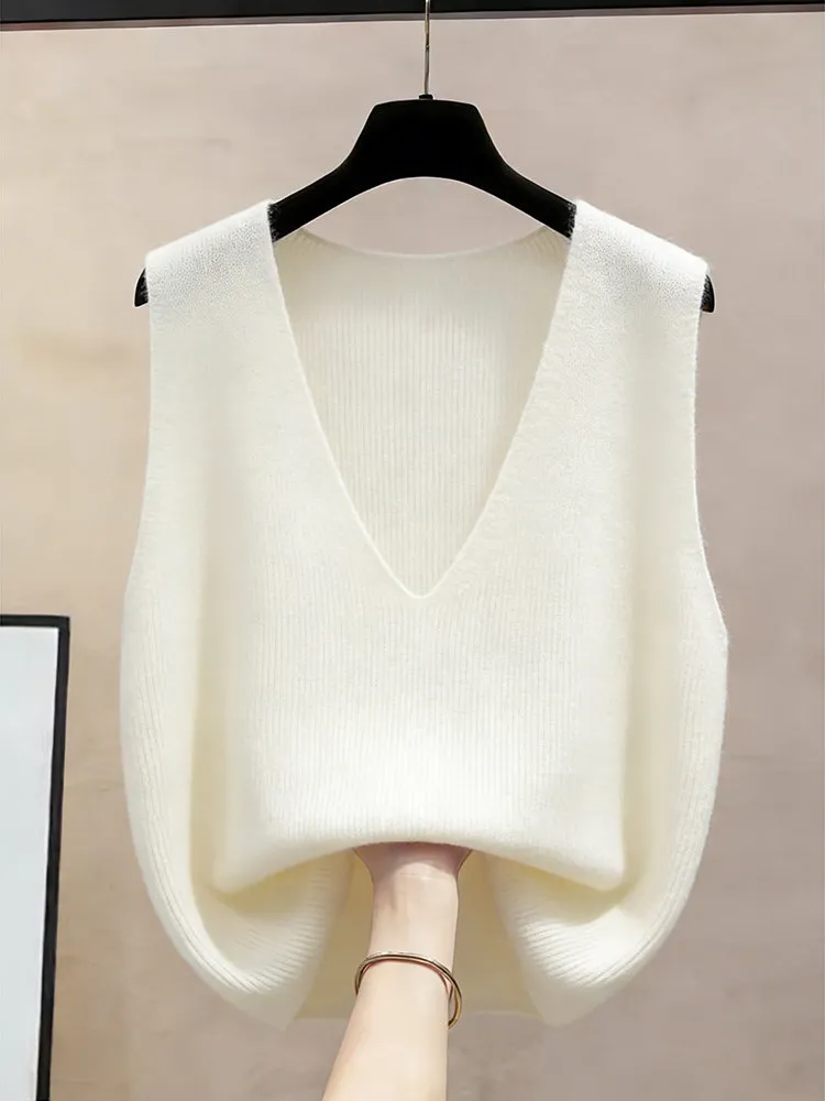 Women's Knitted Pure Color V-Neck Sweater Vest Trendy Layering Base Tank Top Commute Style Warmth Casual Fashion Autumn Winter