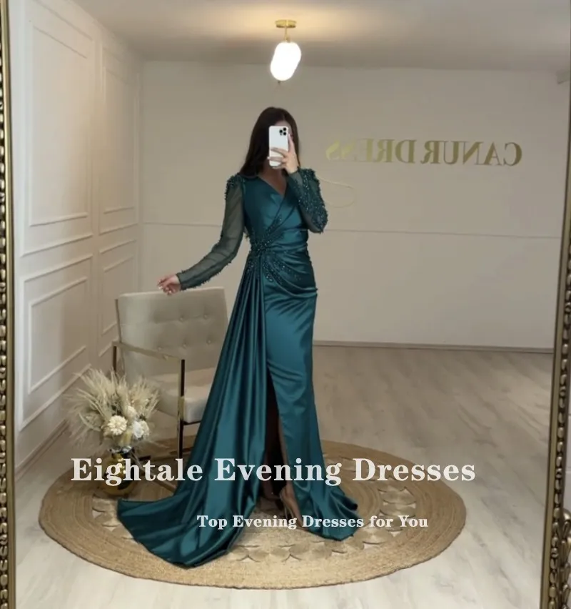 Eightale Dark Green Evening Dress for Wedding Party Satin Beaded V-Neck Long Sleeves Vintage Mermaid Prom Gowns Customized Dress