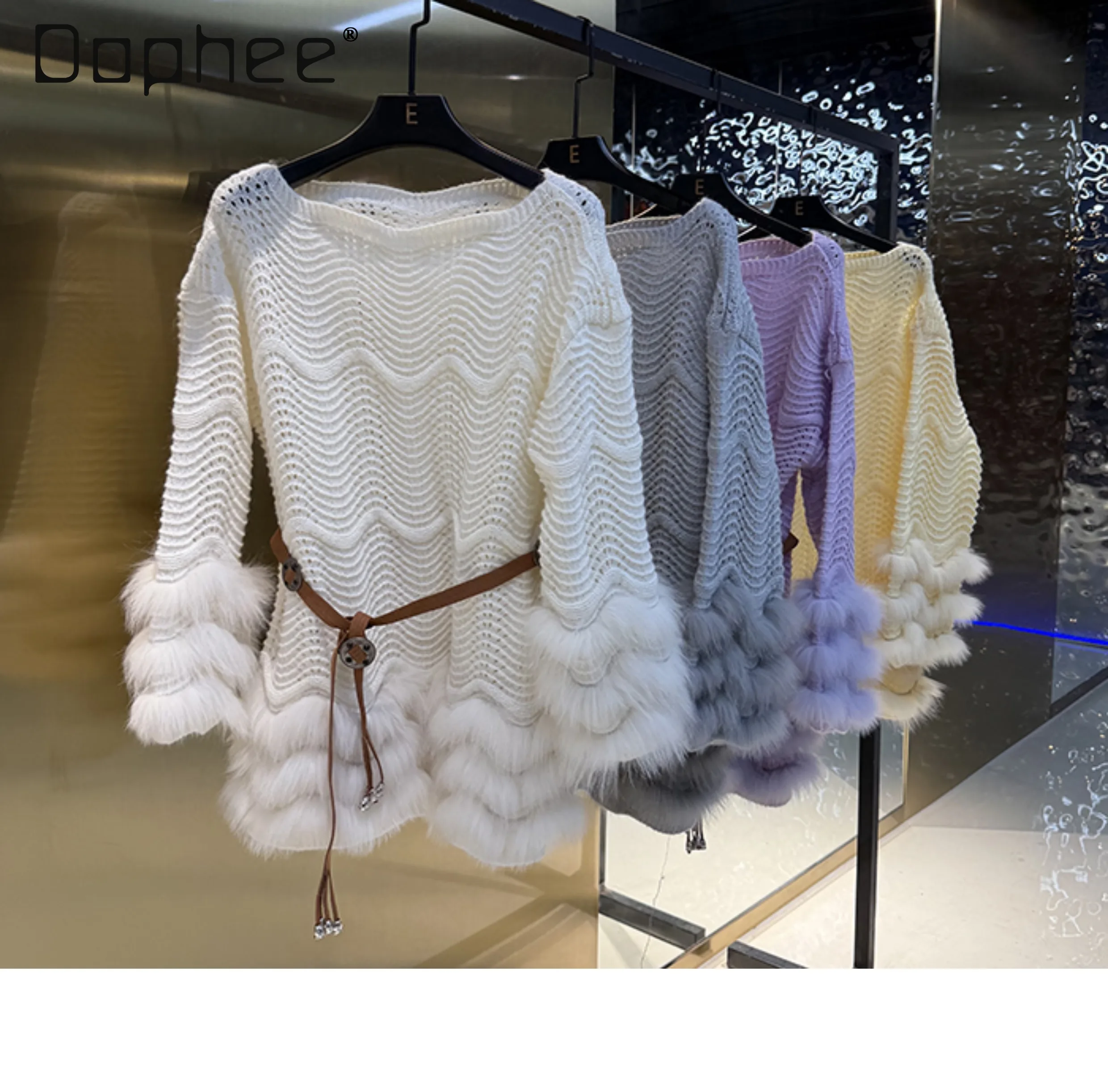 เสื้อไหมพรมแขนยาวปี 2025 แบบเปิดไหล่ แต่งขนฟ็อกซ์แท้ ตัดต่อผ้า ทรงเข้ารูป เซ็กซี่ ทันสมัย โอเวอร์ไซส์ สำหรับผู้หญิง