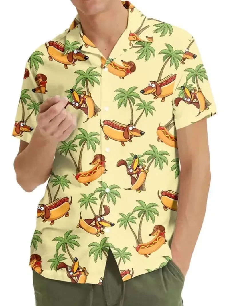 

Men's Funny Hot Dog Print Hawaiian Shirt Casual Short Sleeve Button Down Surfing Shirts Summer Vacation Beach Shirt Clothes