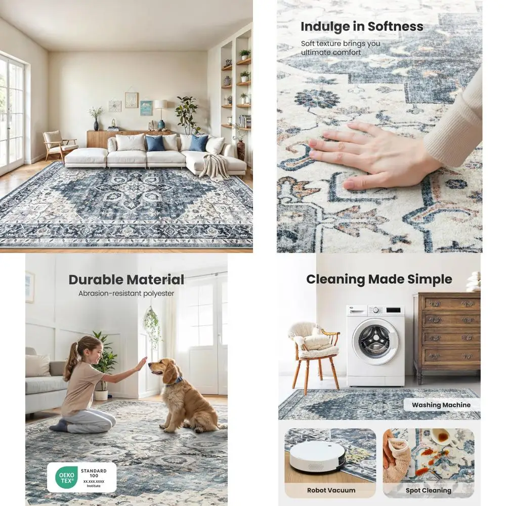 

Washable 8x10 Area Rug with Low Profile and Non-Slip Backing, Durable Edge Binding, Vintage Style